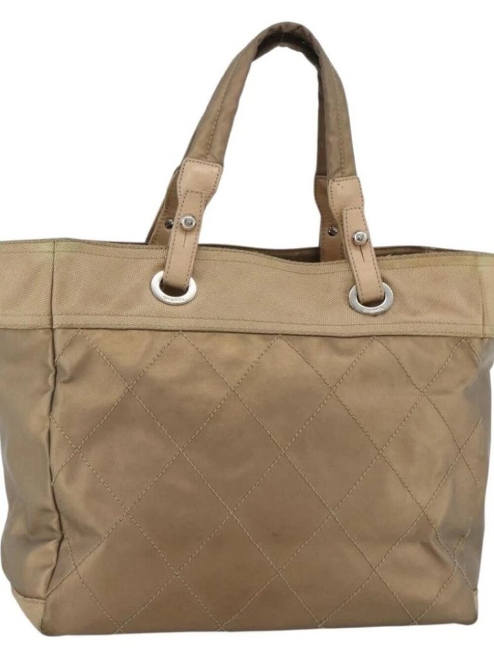 CHANEL Paris Biarritz GM Tote Bag Coated Canvas Gold Silver CC Auth ka3625